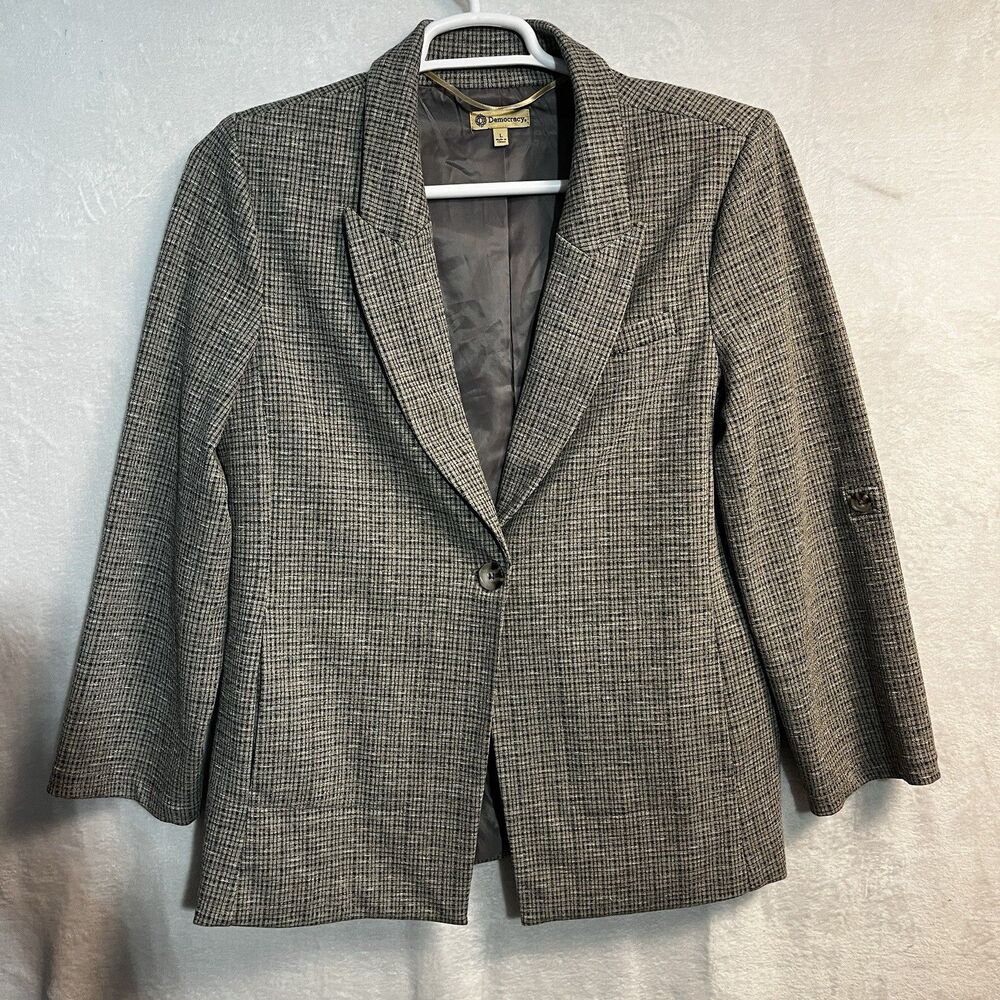 Democracy Women’s Blazer‎ Size Large Beige Plaid RollTab Sleeves Stretch Career